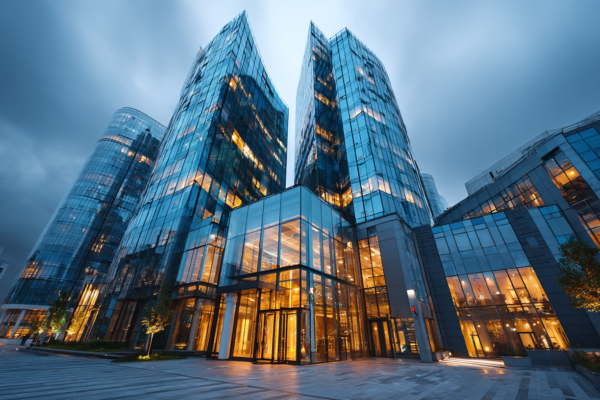 Modern zakelijk gebouw dat institutionele ondersteuning voor het MKB symboliseert