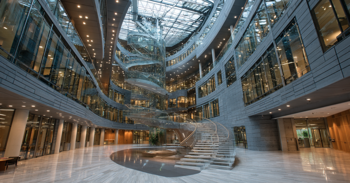 Moderne Europese wetgevingsomgeving met architecturale lijnen en digitale elementen