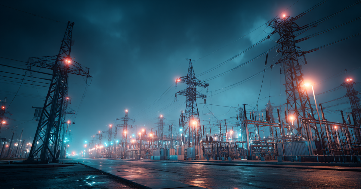 Industriële elektriciteitsinfrastructuur met slimme meters en hoogspanningslijnen