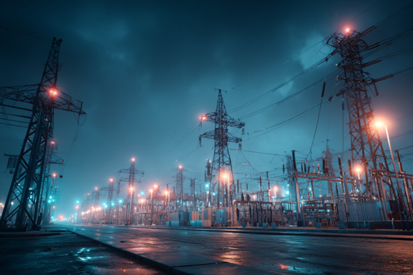 Industriële elektriciteitsinfrastructuur met slimme meters en hoogspanningslijnen