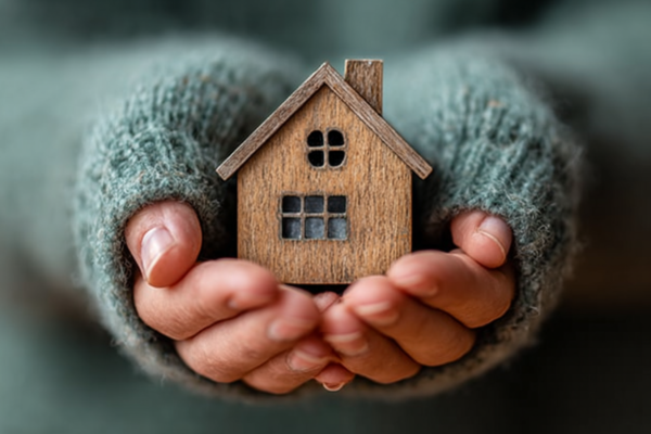 Handen die zorgvuldig een houten huisje vasthouden, symbool voor thuiszorg en sociale zekerheid