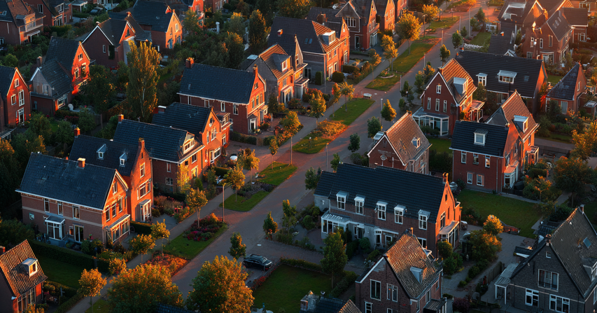Luchtfoto van moderne Nederlandse woonwijk met nieuwbouwwoningen