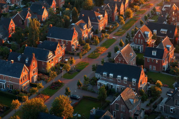 Luchtfoto van moderne Nederlandse woonwijk met nieuwbouwwoningen