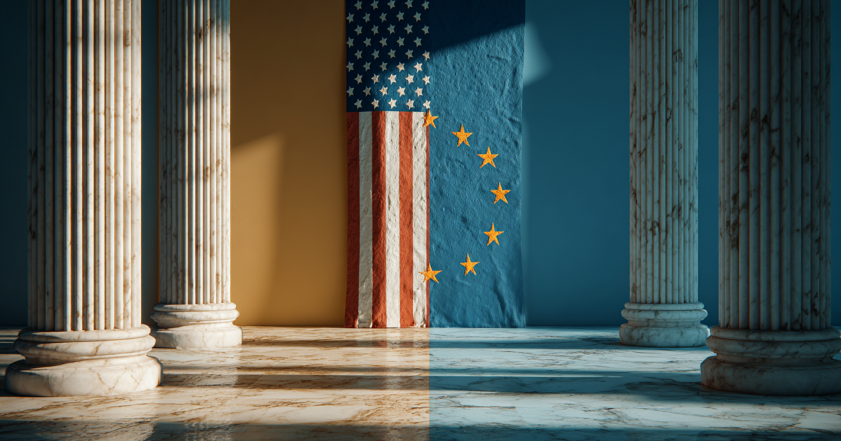 Symbolische weergave van de trans-Atlantische verhoudingen met Amerikaanse en Europese vlaggen