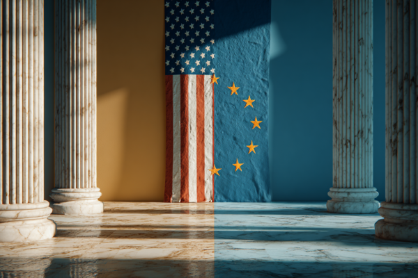 Symbolische weergave van de trans-Atlantische verhoudingen met Amerikaanse en Europese vlaggen