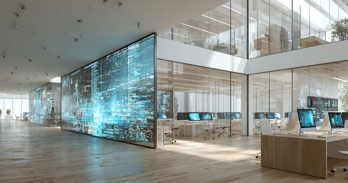 Moderne overheidswerkomgeving met digitale schermen en medewerkers die werken aan digitale dienstverlening