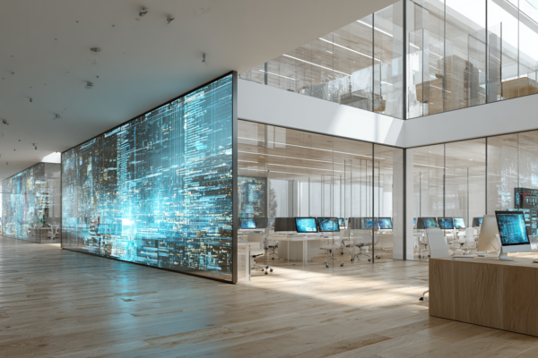 Moderne overheidswerkomgeving met digitale schermen en medewerkers die werken aan digitale dienstverlening