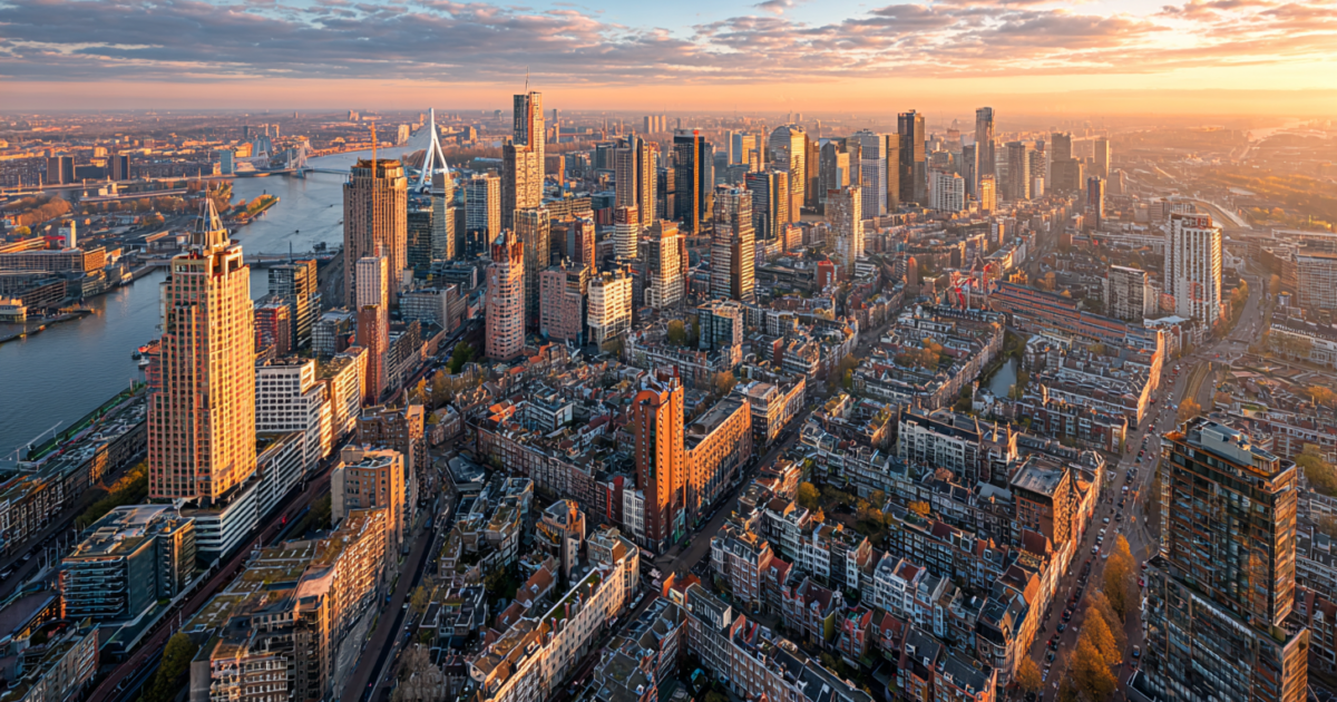 Luchtfoto van Nederlandse stad met moderne architectuur die economische groei symboliseert