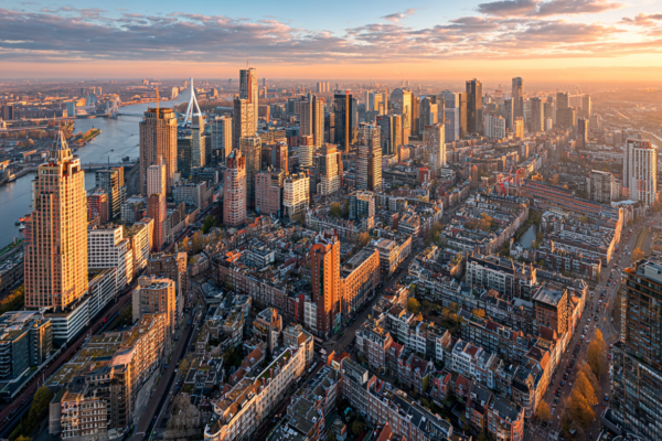 Luchtfoto van Nederlandse stad met moderne architectuur die economische groei symboliseert