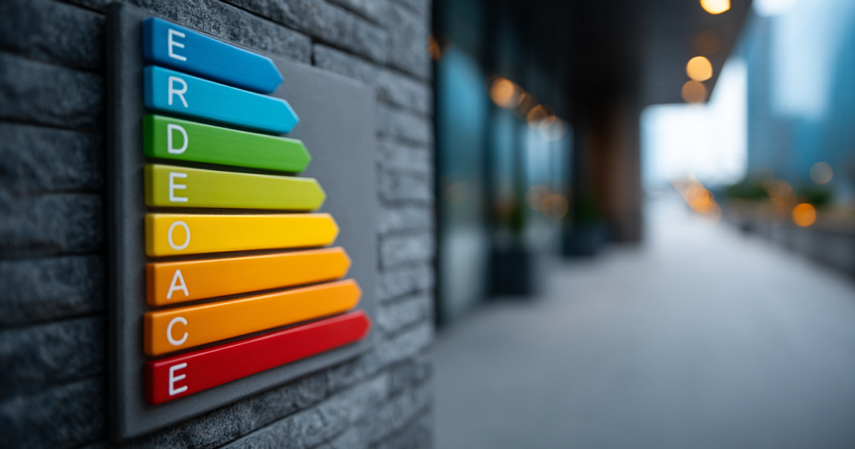 Energielabel op gebouwmuur met focus op energieprestatie-indicatie