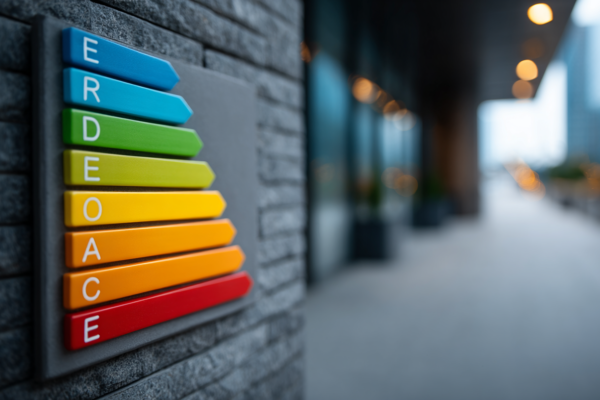Energielabel op gebouwmuur met focus op energieprestatie-indicatie
