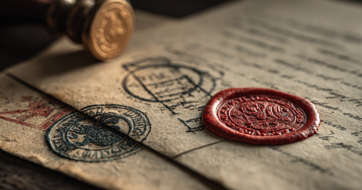 Officiële overheidsdocumenten met stempels en zegels die nieuwe wetgeving symboliseren