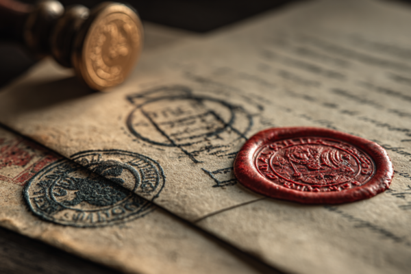 Officiële overheidsdocumenten met stempels en zegels die nieuwe wetgeving symboliseren