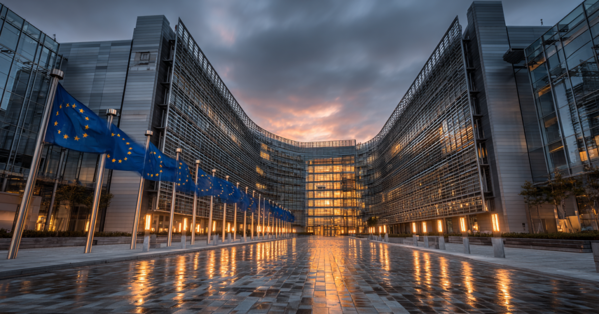 EU-vlaggen voor een modern defensiecommandocentrum, symbolisch voor Europese militaire samenwerking