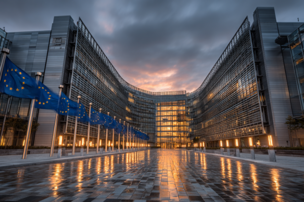 EU-vlaggen voor een modern defensiecommandocentrum, symbolisch voor Europese militaire samenwerking