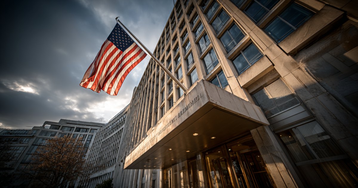 Het State Department gebouw in Washington DC met Amerikaanse vlag, symbolisch voor diplomatieke veranderingen