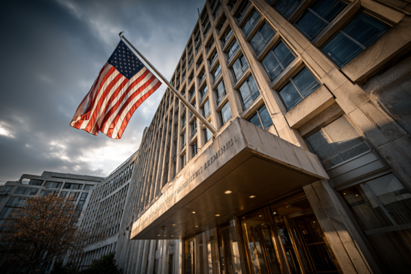 Het State Department gebouw in Washington DC met Amerikaanse vlag, symbolisch voor diplomatieke veranderingen