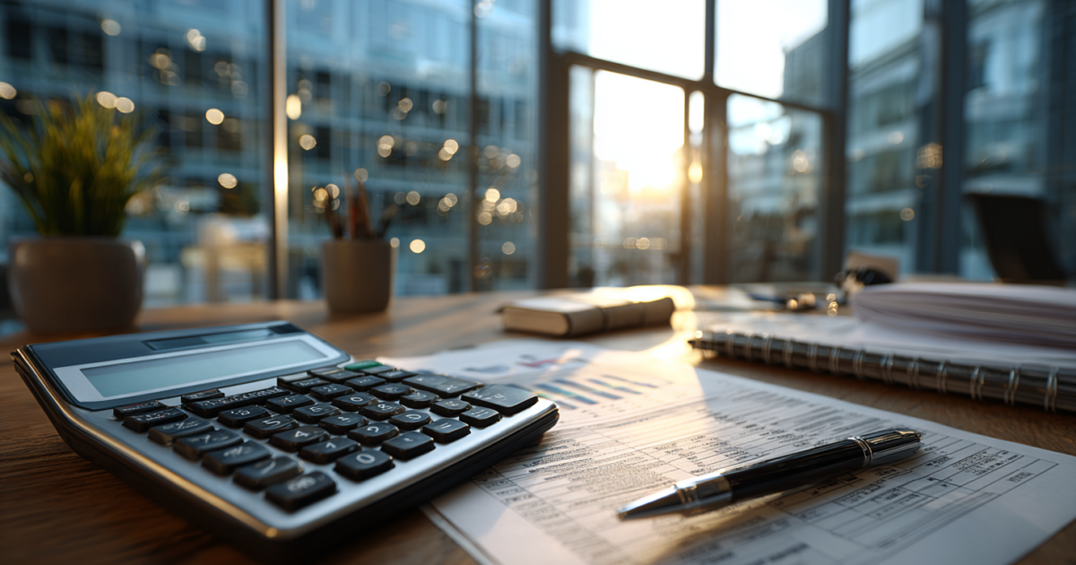 Professionele werkplek met calculator en financiële documenten, symbolisch voor loonberekeningen