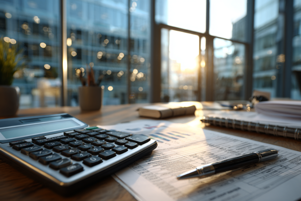 Professionele werkplek met calculator en financiële documenten, symbolisch voor loonberekeningen