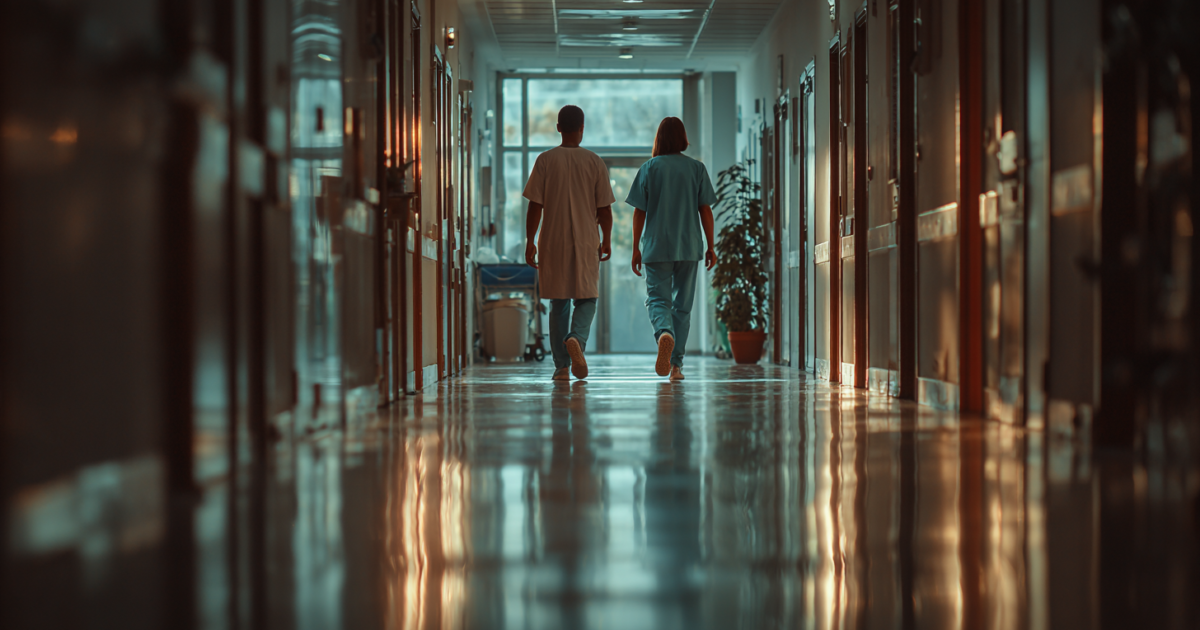 Zorgprofessionals in ziekenhuisgang, symbolisch voor de uitdagingen in de Nederlandse zorg