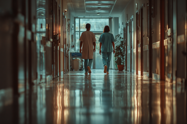 Zorgprofessionals in ziekenhuisgang, symbolisch voor de uitdagingen in de Nederlandse zorg