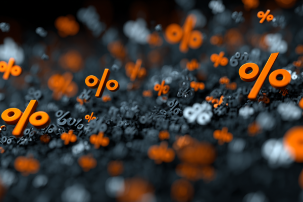 Abstracte weergave van belastingformulieren en percentagesymbolen die belastingwijzigingen symboliseren