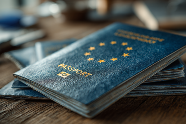 Symbolische weergave van Europese burgerrechten en paspoortdocumentatie