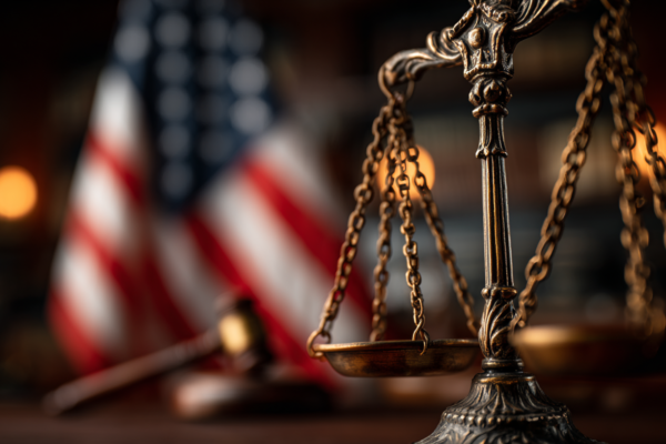 Symbolische weegschaal met Amerikaanse en Californische vlag, representeert de spanning tussen federaal en staatsbeleid