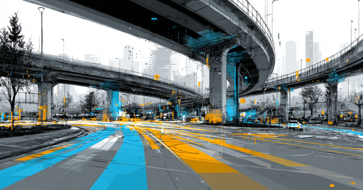 Conceptuele weergave van moderne tolinfrastructuur en digitale tracking systemen