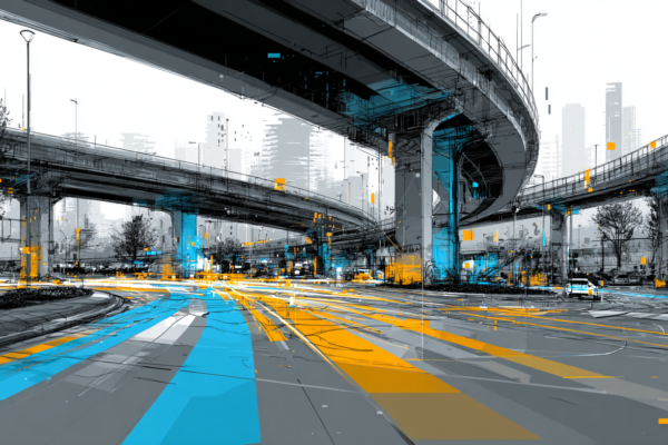Conceptuele weergave van moderne tolinfrastructuur en digitale tracking systemen