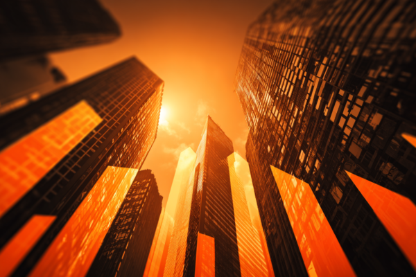 Abstracte weergave van economische groei met geometrische lijnen en Nederlandse architectuur