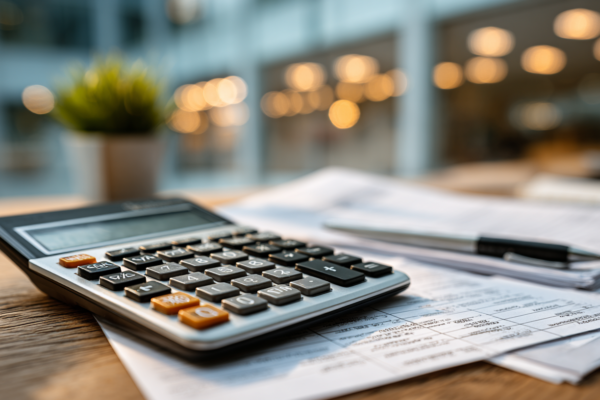 Professionele belastingvoorbereiding met calculator en documenten op bureau