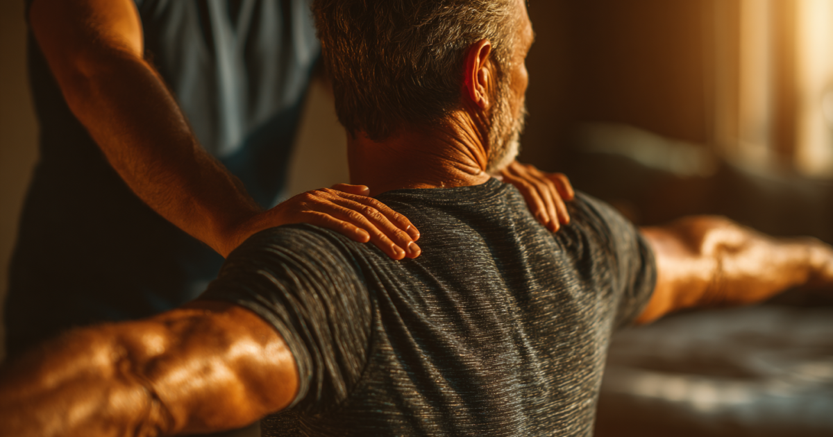 Fysiotherapeut begeleidt patiënt bij rugoefeningentherapie in moderne behandelruimte