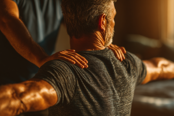 Fysiotherapeut begeleidt patiënt bij rugoefeningentherapie in moderne behandelruimte