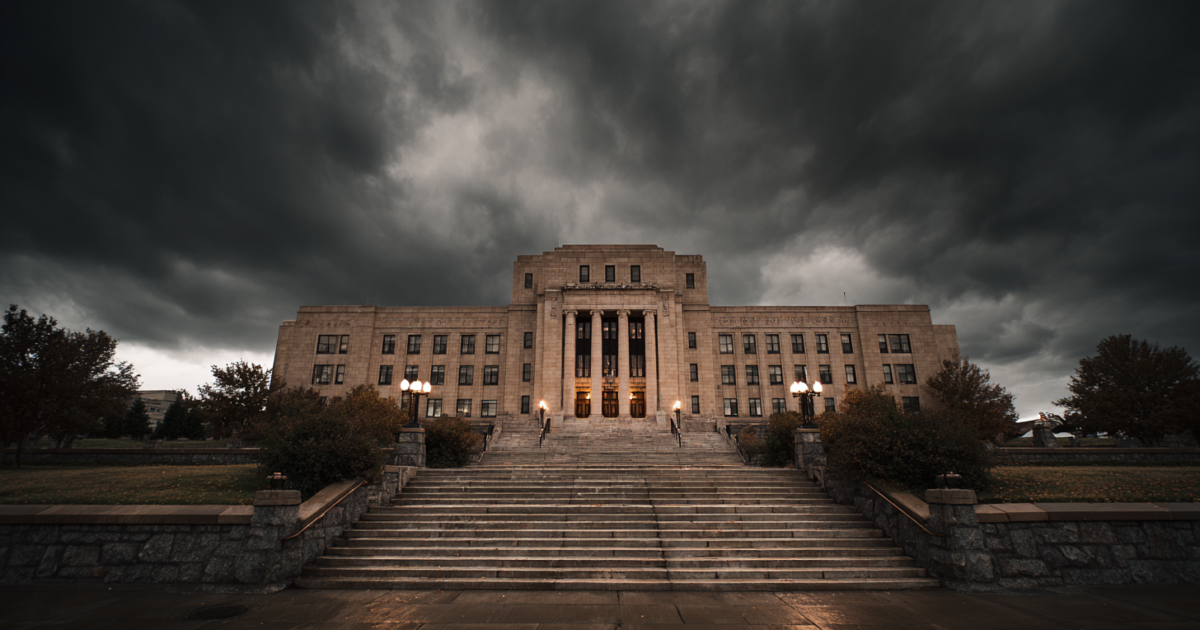 Imposant overheidsgebouw met dramatische belichting, symboliseert institutionele macht en beleidsbepaling