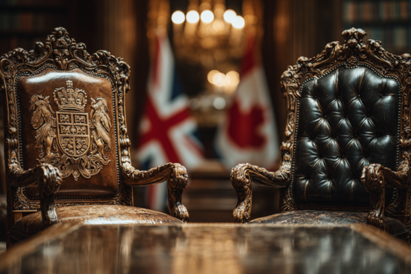 Diplomatieke setting met twee stoelen tegenover elkaar, symboliserend bilaterale onderhandelingen