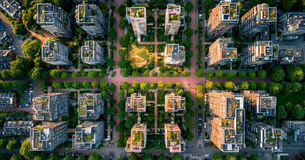 Luchtfoto van een moderne Nederlandse sociale woningbouwcomplex met geometrische appartementenblokken