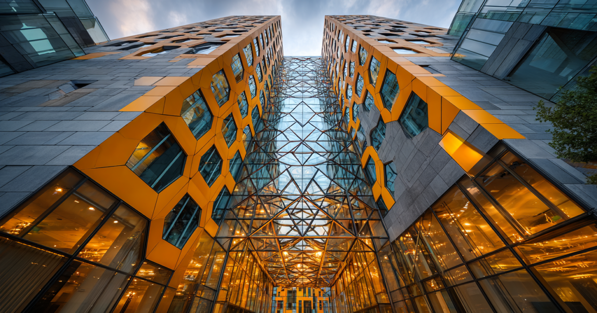 Moderne architectuur die economische vooruitgang en samenwerking symboliseert