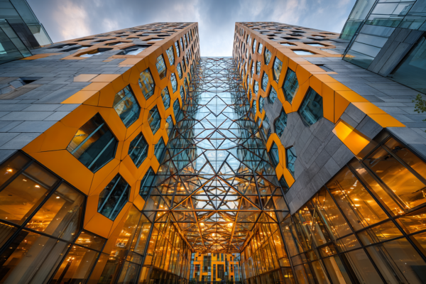 Moderne architectuur die economische vooruitgang en samenwerking symboliseert