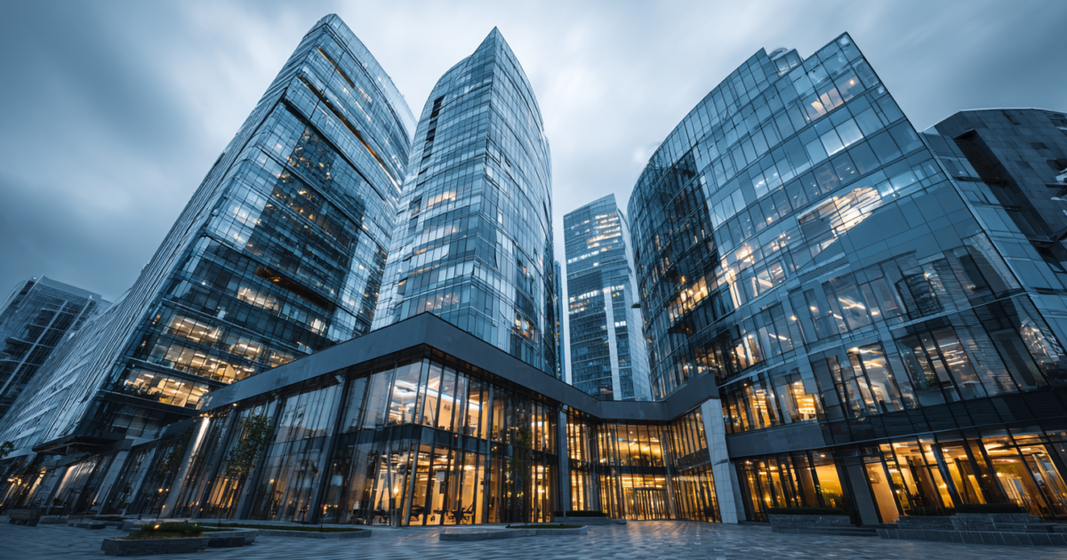 Modern kantoorgebouw dat internationale bedrijfsomgeving symboliseert