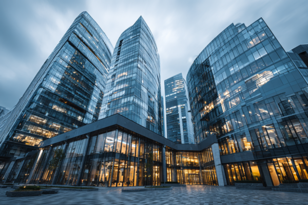 Modern kantoorgebouw dat internationale bedrijfsomgeving symboliseert