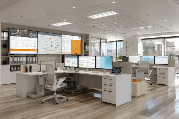 Modern zorgkantoor met georganiseerde administratie en digitale systemen voor zorgtoewijzing