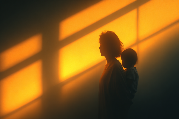 Conceptuele afbeelding van alleenstaande ouder met kind in warm licht