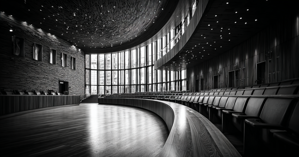 Lege Tweede Kamer vergaderzaal met karakteristieke halfronde opstelling van stoelen