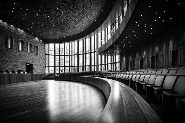 Lege Tweede Kamer vergaderzaal met karakteristieke halfronde opstelling van stoelen