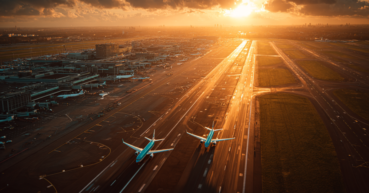 Luchtfoto van Schiphol Airport met vliegtuigen op de start- en landingsbanen tijdens het gouden uur