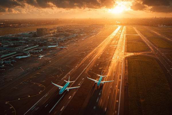 Luchtfoto van Schiphol Airport met vliegtuigen op de start- en landingsbanen tijdens het gouden uur