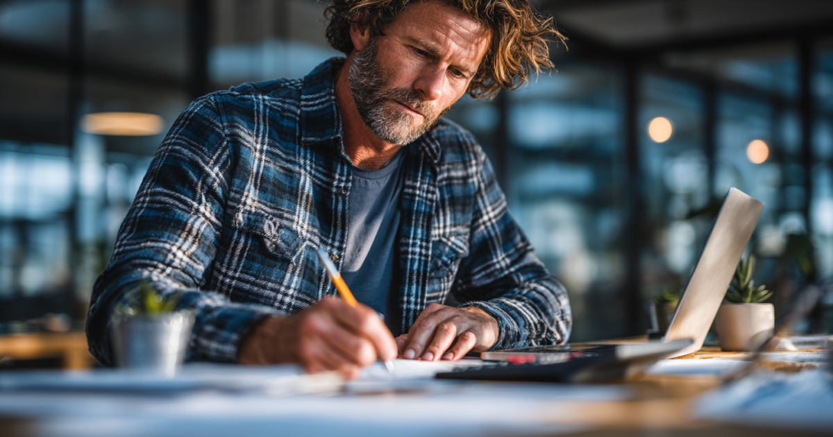 MKB-ondernemer die documenten bestudeert aan bureau met calculator en laptop
