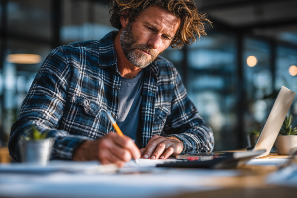 MKB-ondernemer die documenten bestudeert aan bureau met calculator en laptop