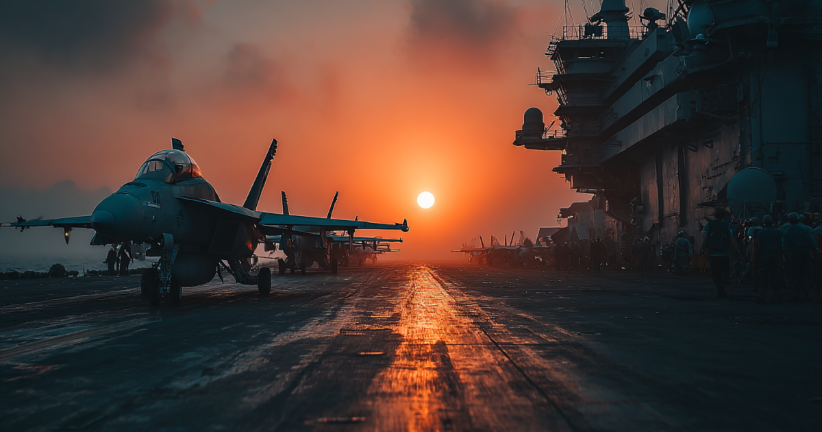 Vliegdekschip met gevechtsvliegtuigen tegen dramatische hemel boven Perzische Golf